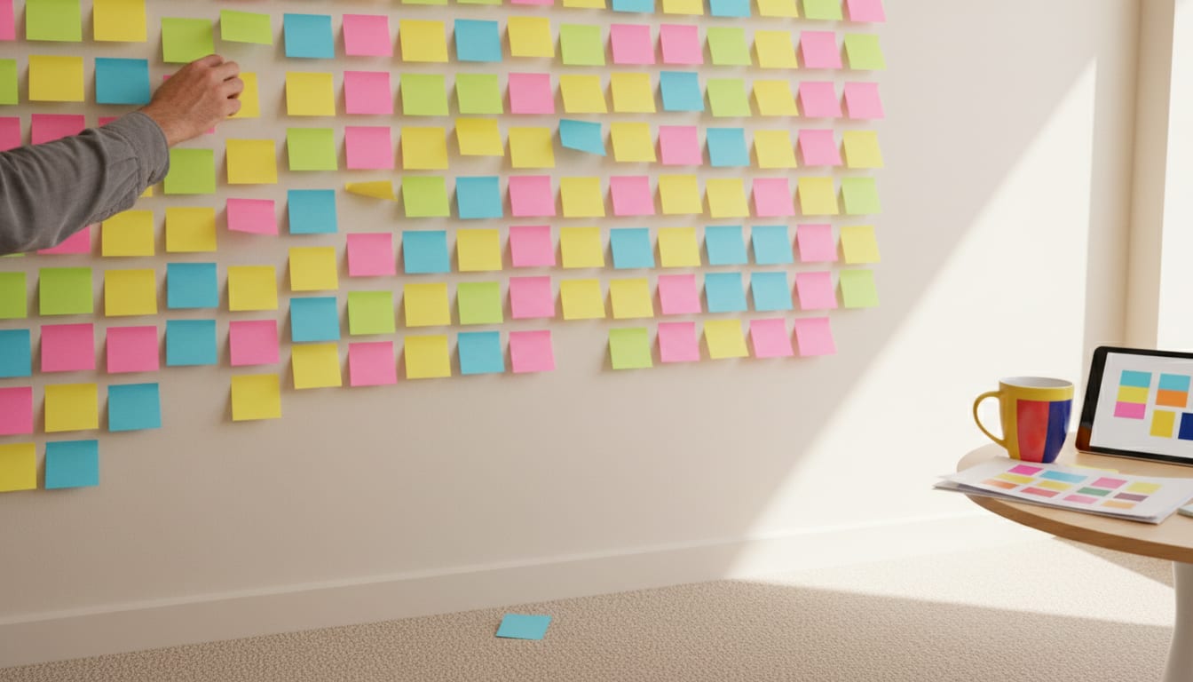 A wall of coloured sticky notes grouped into columns, a hand moving one