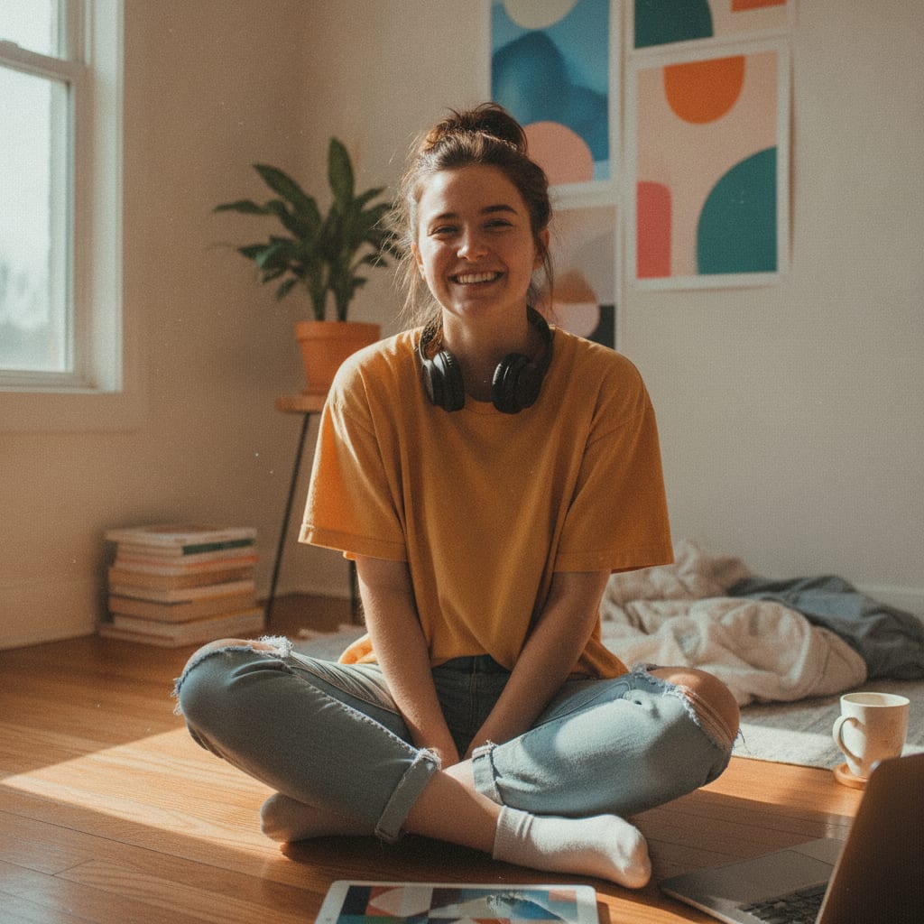 Portrait of a young US creator in her bedroom studio