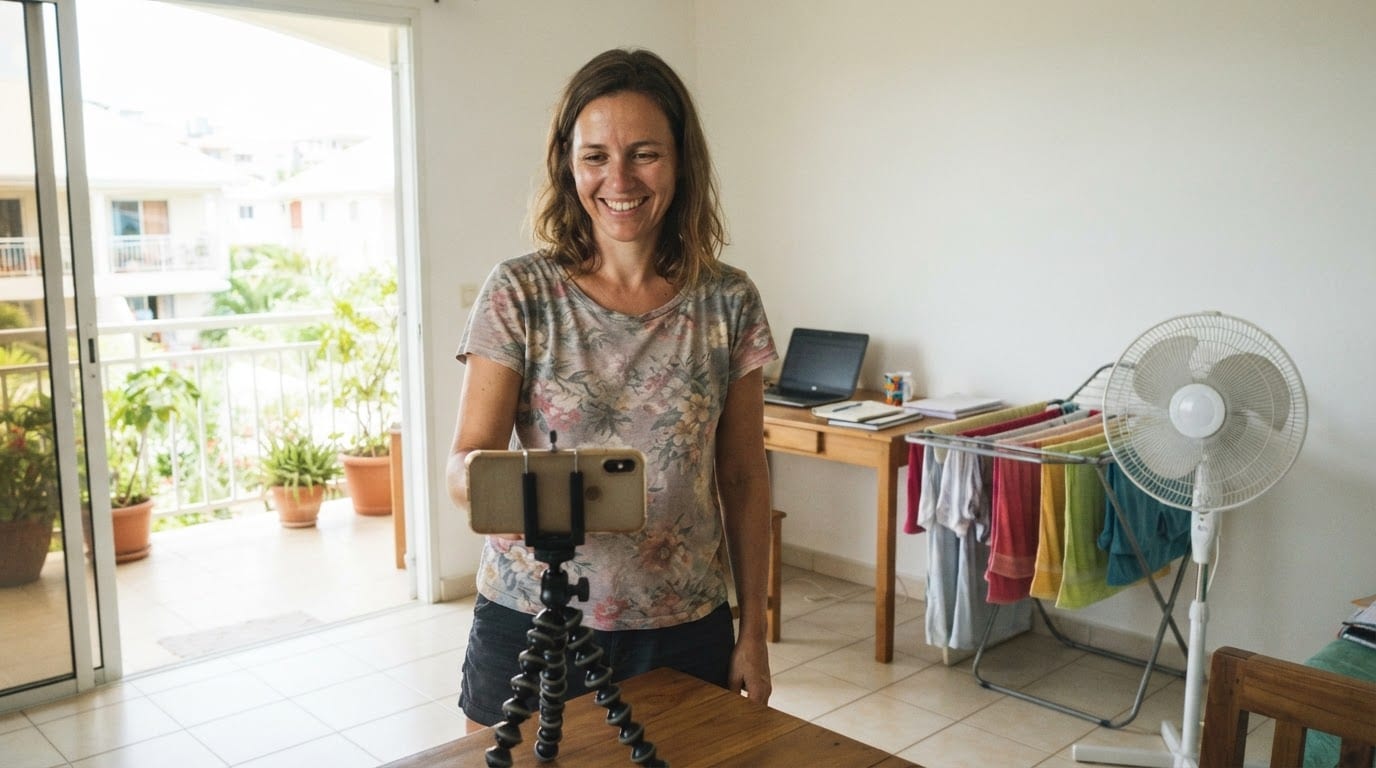 A creator filming with a phone on a tripod in an apartment with tropical daylight outside