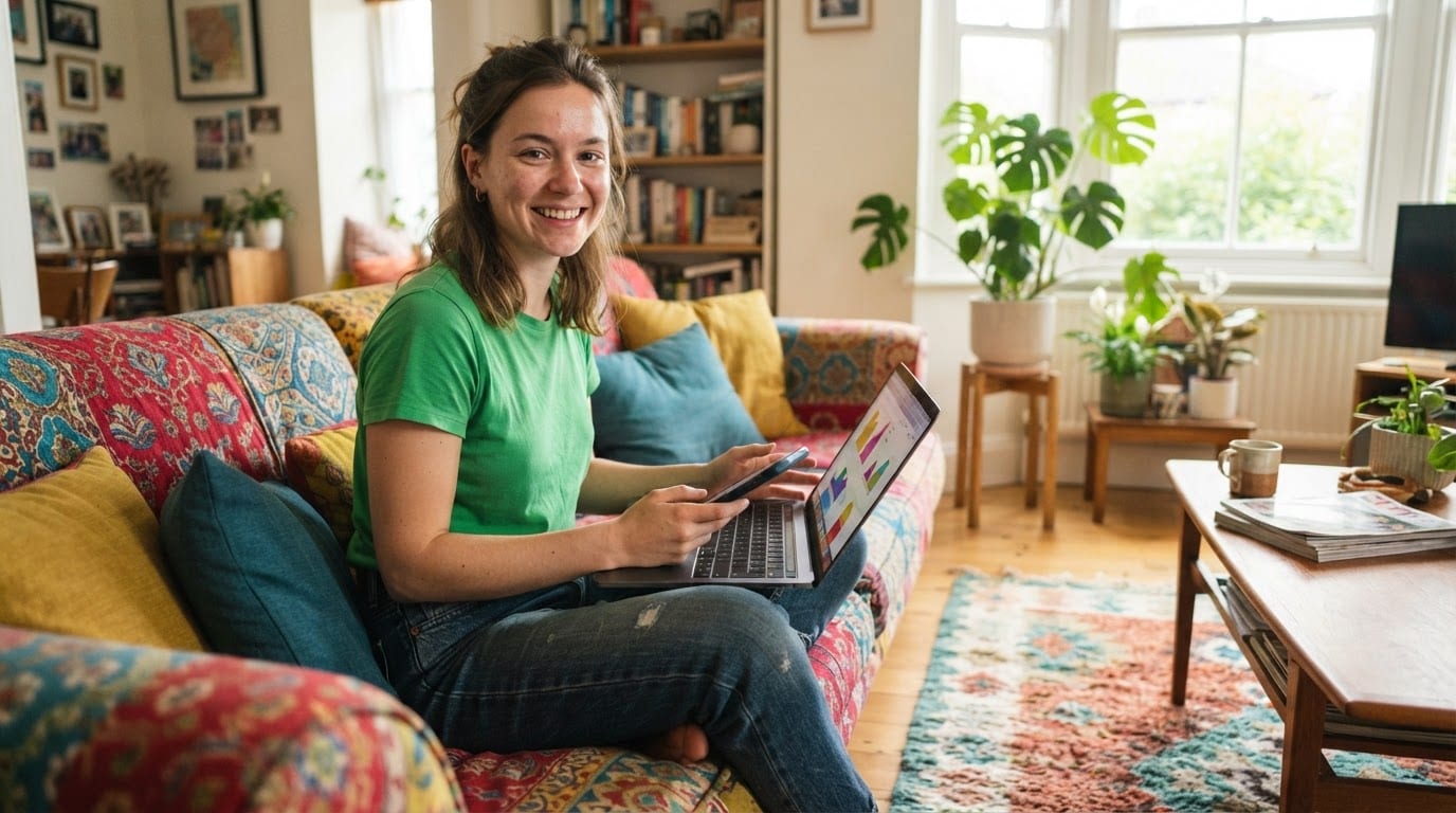 A person on a sofa with a laptop and phone