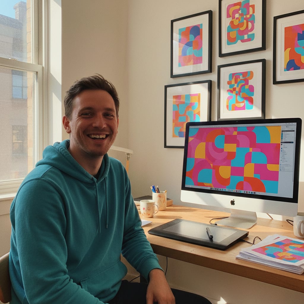 Portrait of a creator at a studio desk with a graphics tablet