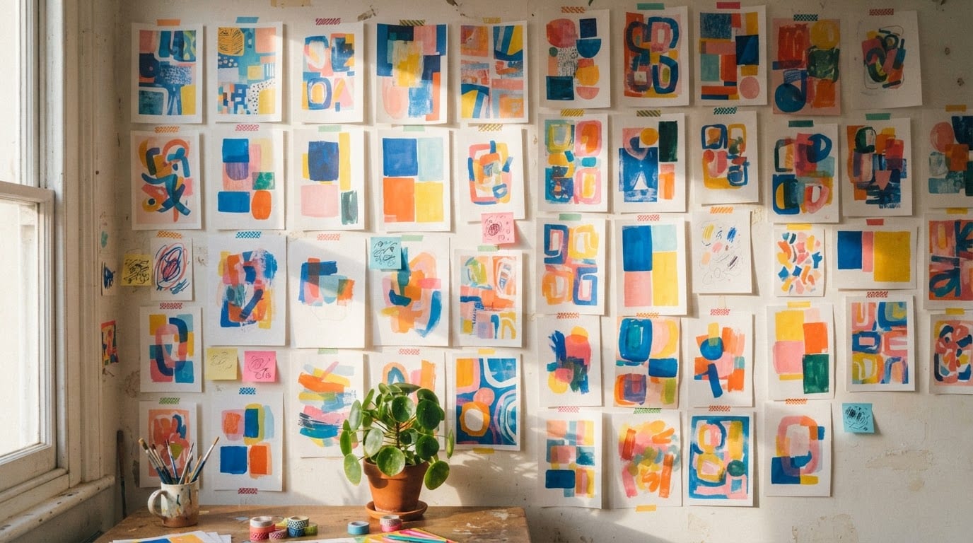 A wall of printed generated artwork pinned in a loose grid