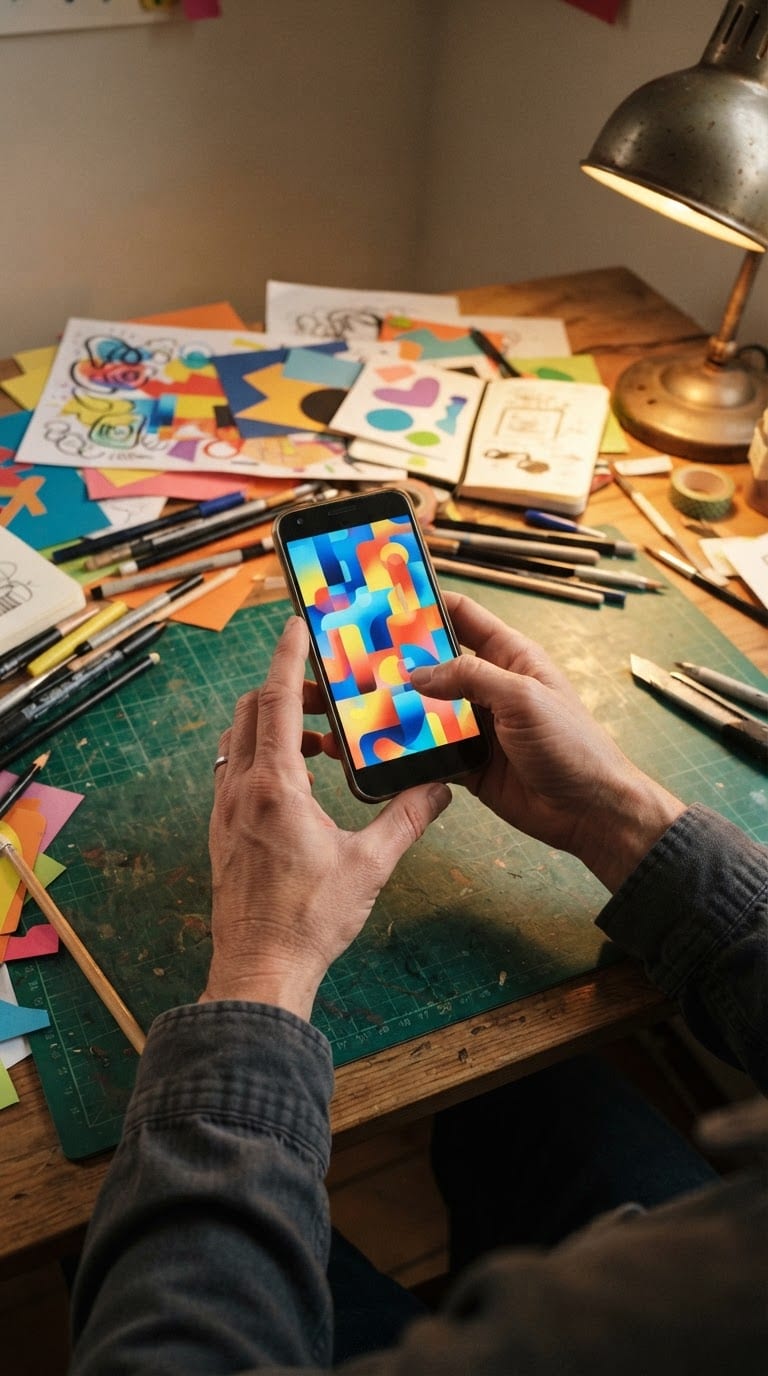 Hands holding a phone as generated artwork appears on screen