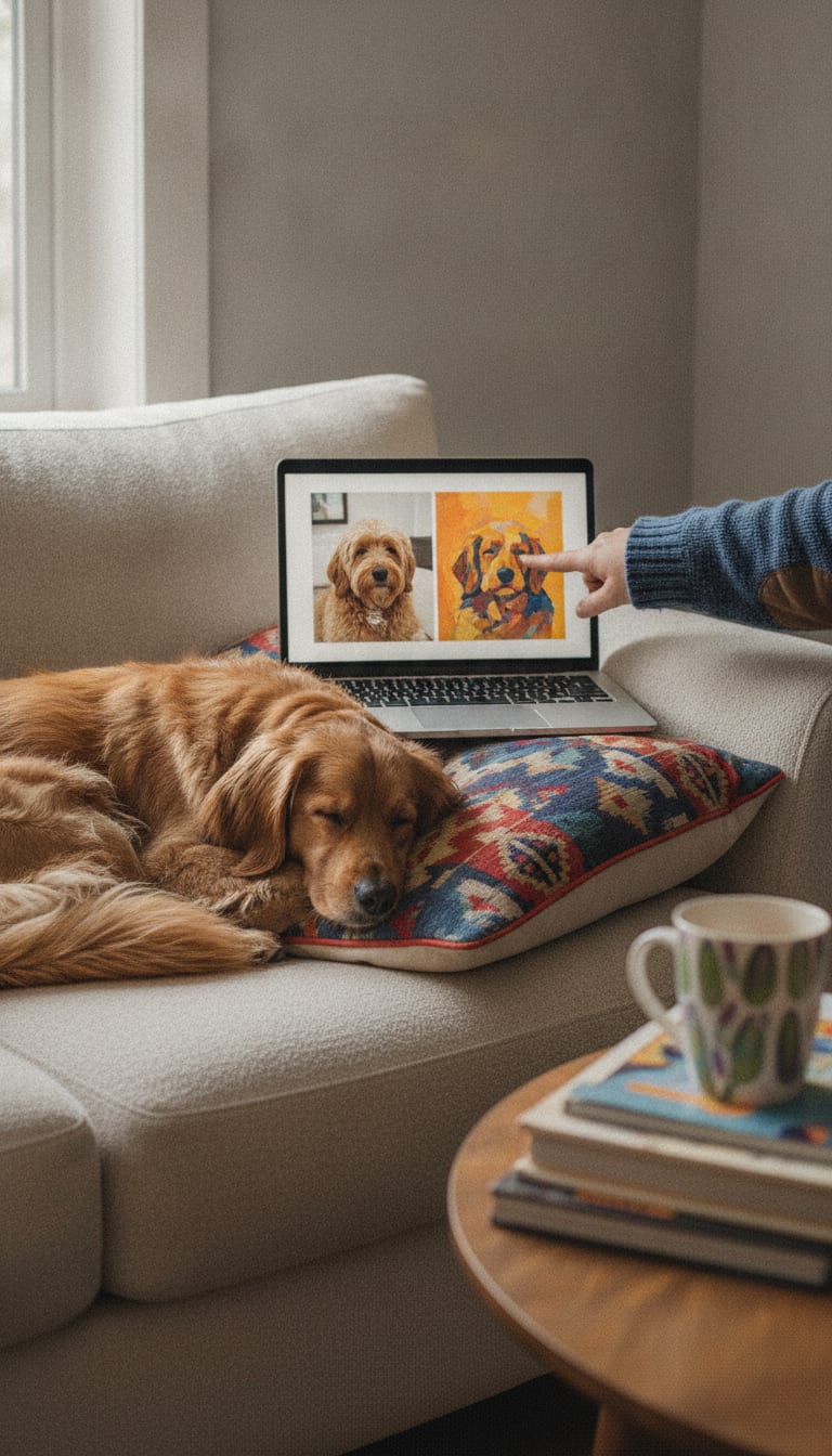 Laptop showing a dog photo beside its painted version