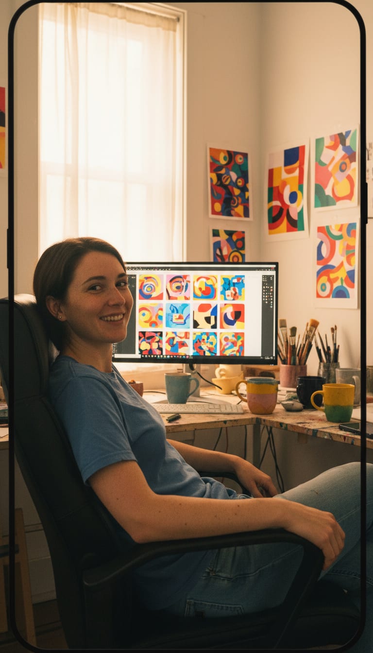 Monitor filled with a grid of generated game artwork