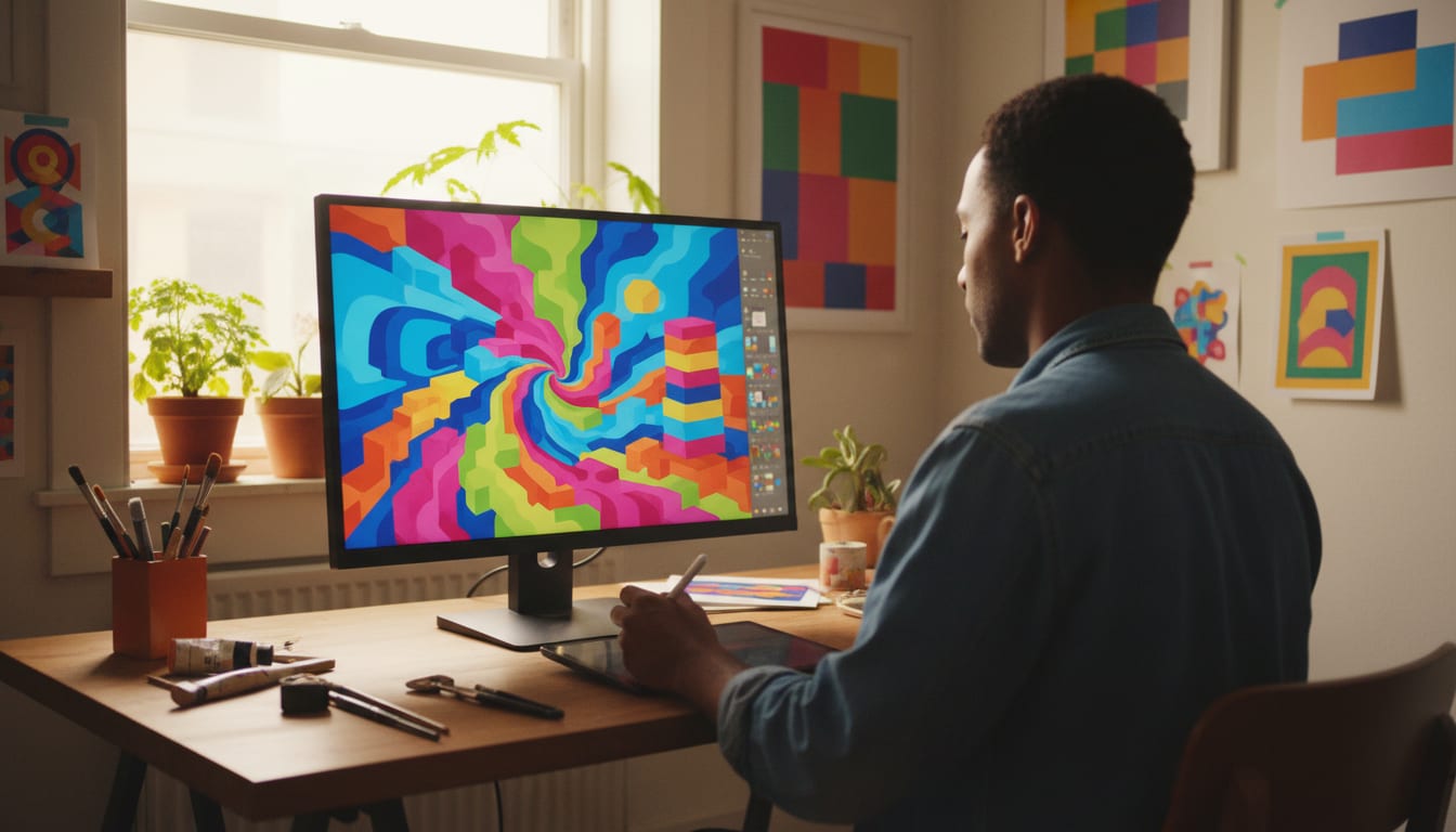 Over the shoulder view of a designer at a monitor filled with generated landscape artwork