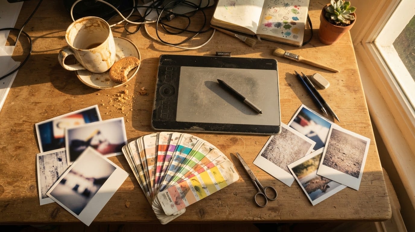 Overhead view of a creative studio desk with a graphics tablet, stylus and colour swatches