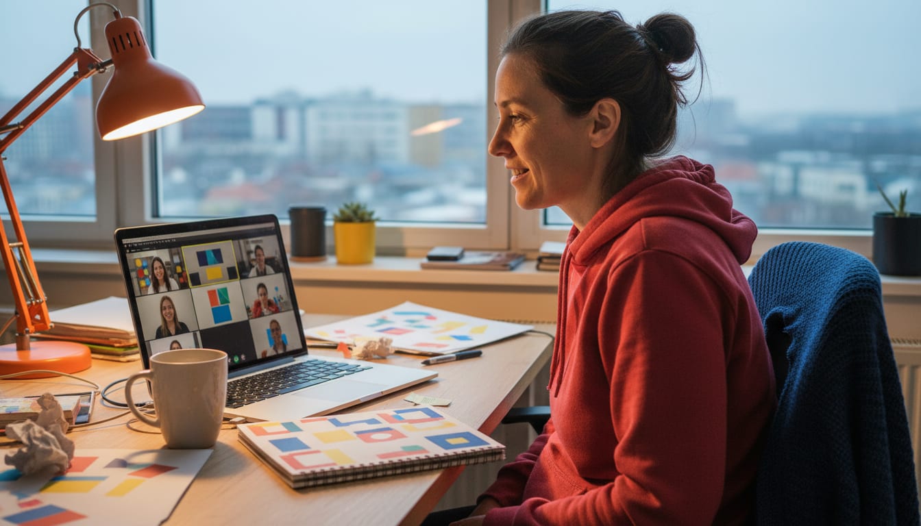 A strategist on a video call with several creators visible on the laptop screen
