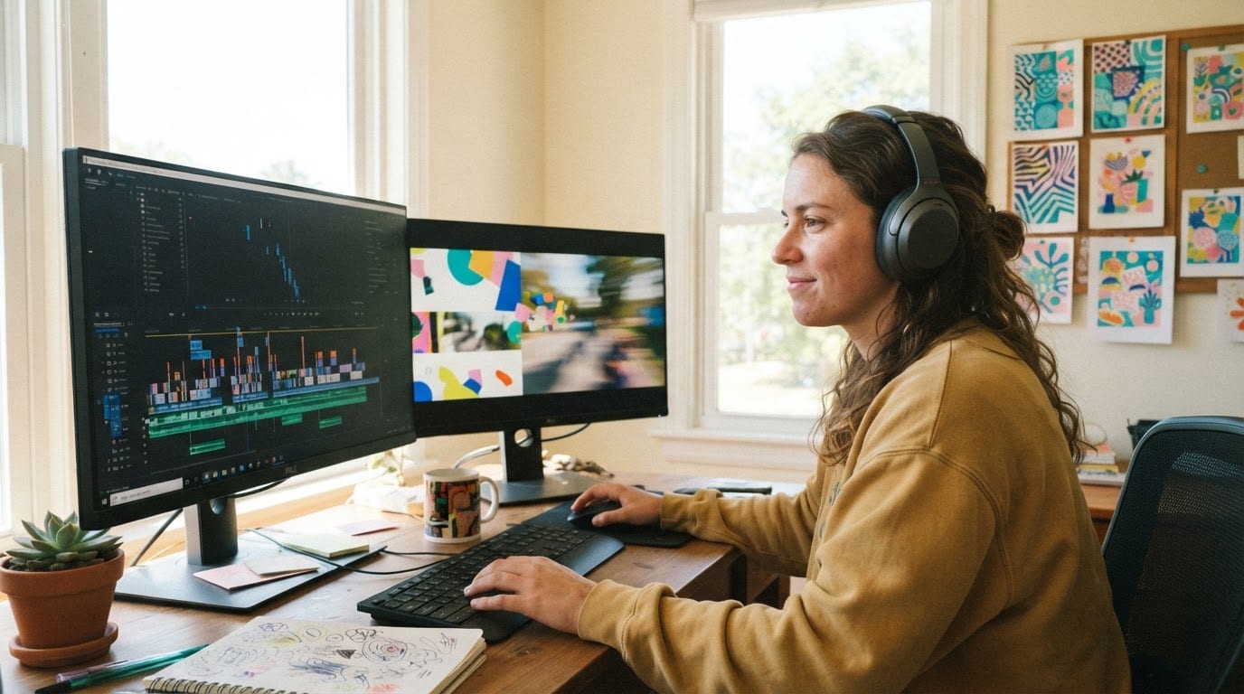 An editor at a two-monitor workstation with a vertical video timeline