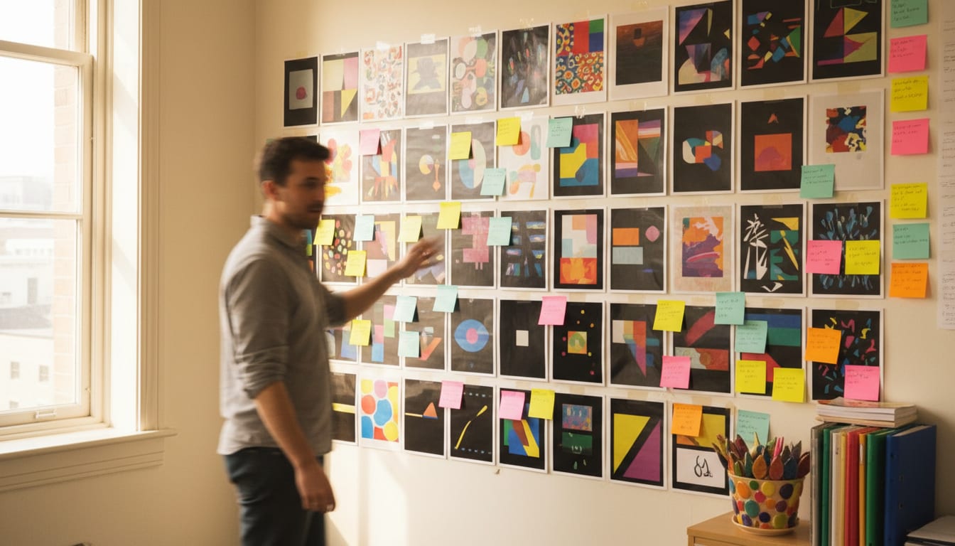 An office wall covered in a grid of printed video stills and sticky notes