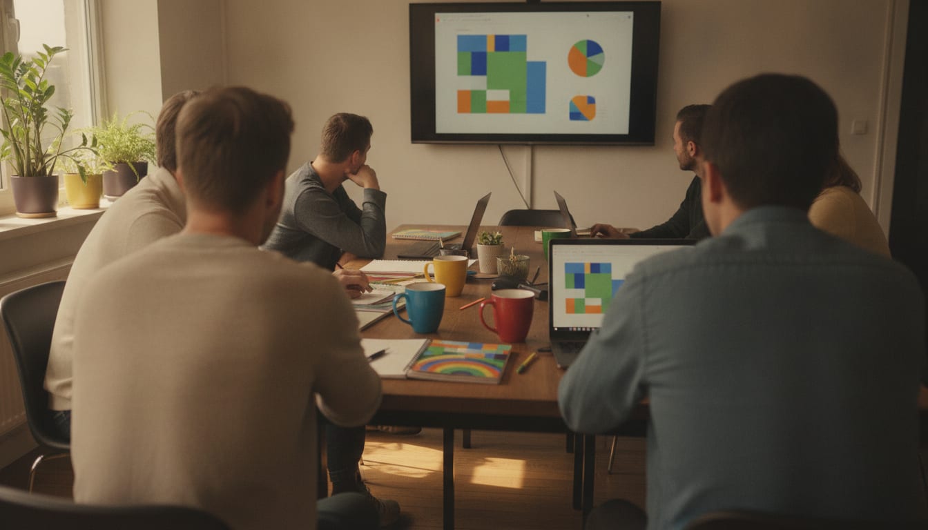 Four colleagues reviewing performance charts on a large wall screen in a bright office
