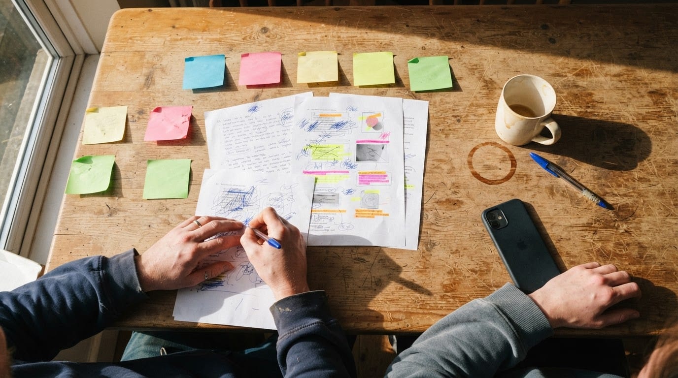 Printed campaign brief with highlighter marks and rows of coloured sticky notes