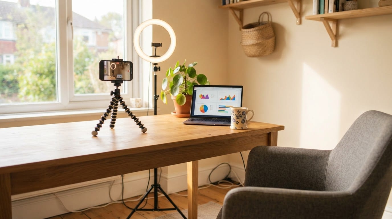 A phone on a flexible tripod and a small LED light set up in front of a desk