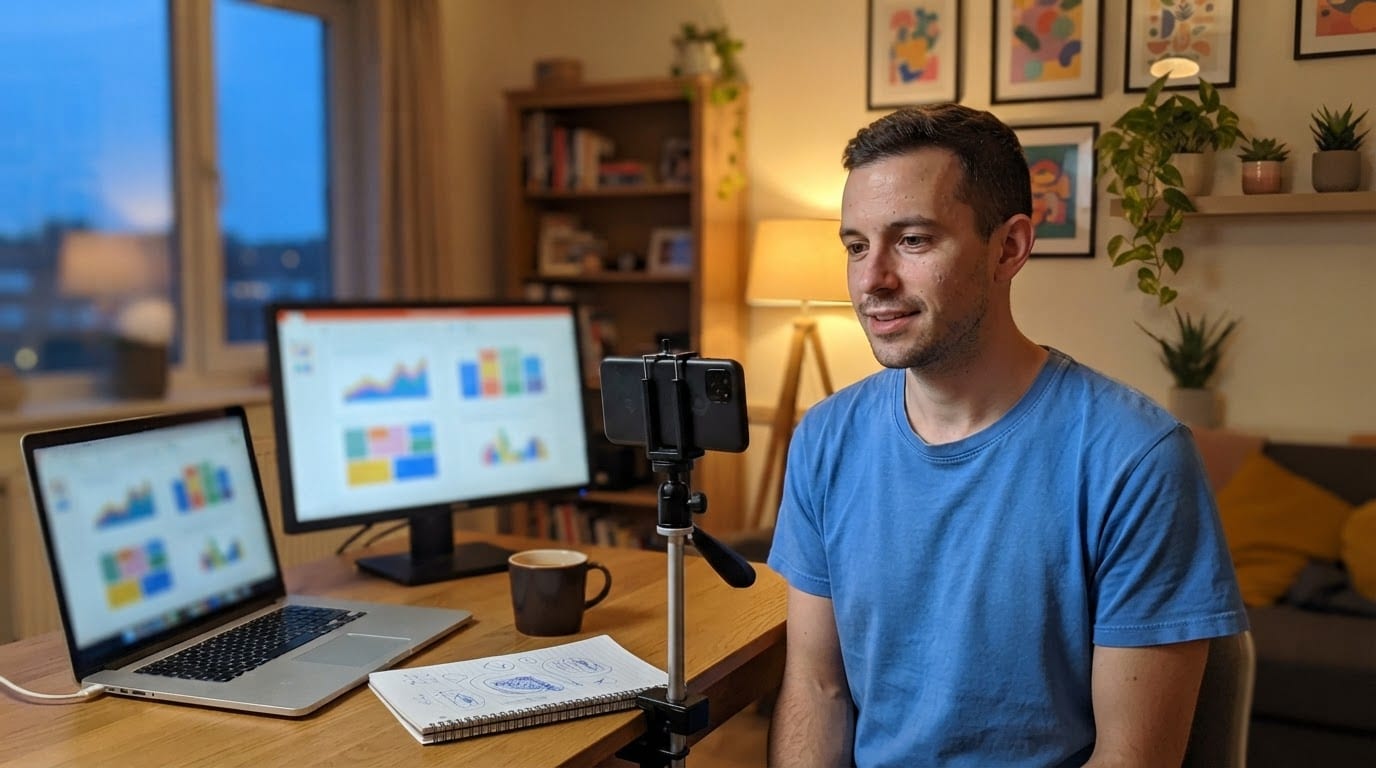 A creator filming at a home trading desk at night