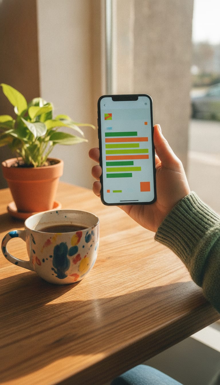 Hand holding a phone showing a wallet-tracking dashboard