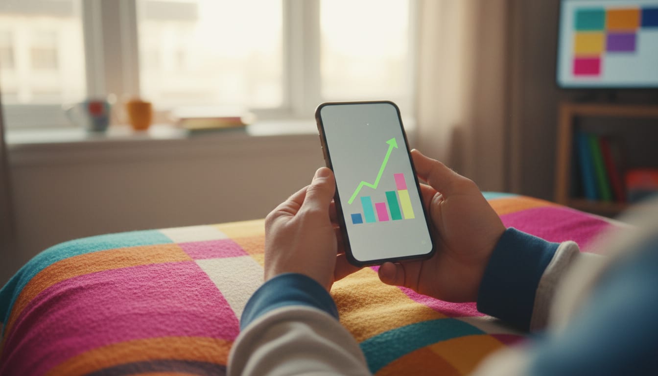 Hands holding a phone showing a rising revenue graph at a desk at night