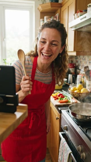 Food creator talking to camera in a short video