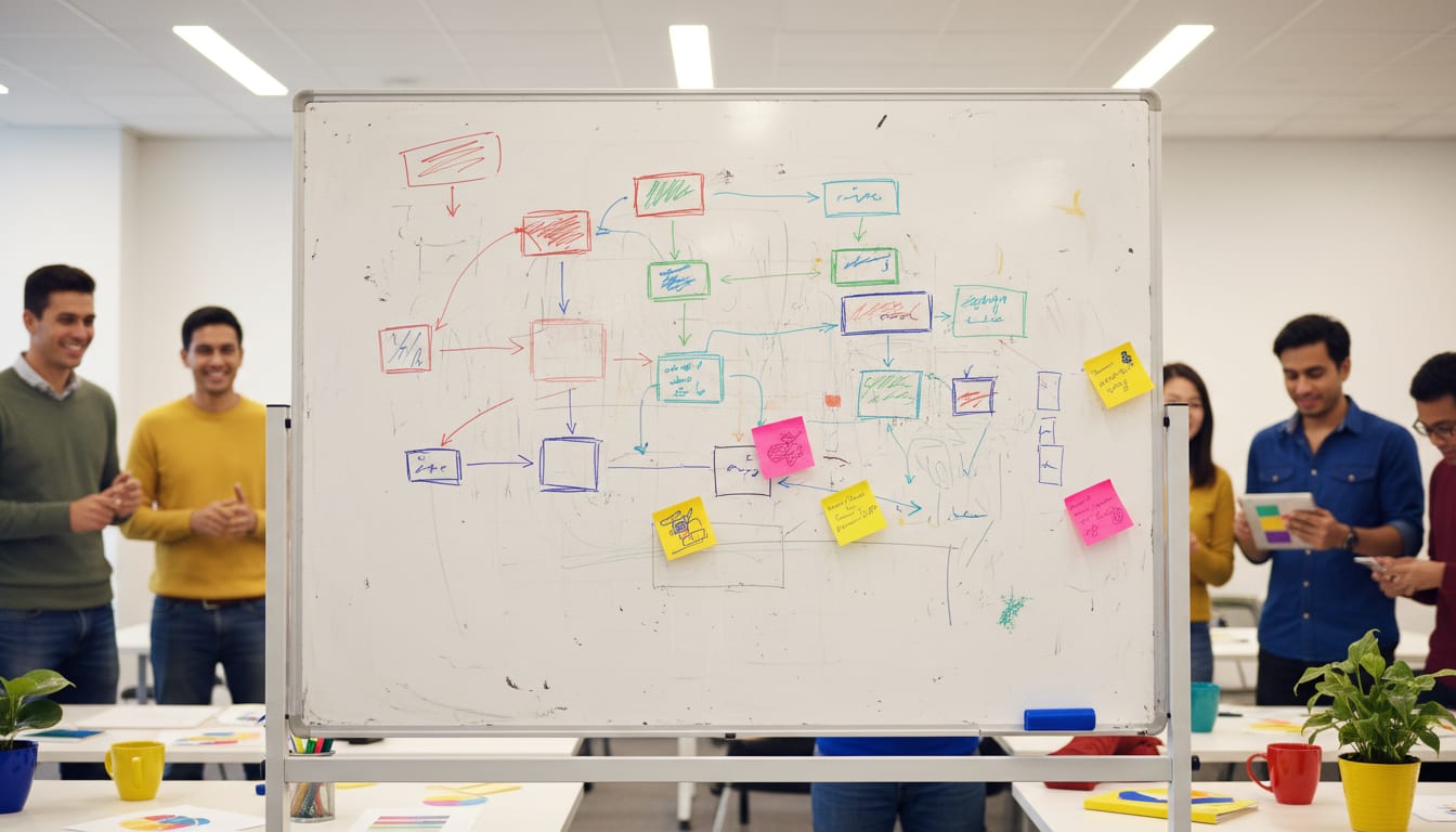 A whiteboard covered in a hand-drawn content workflow of boxes and arrows
