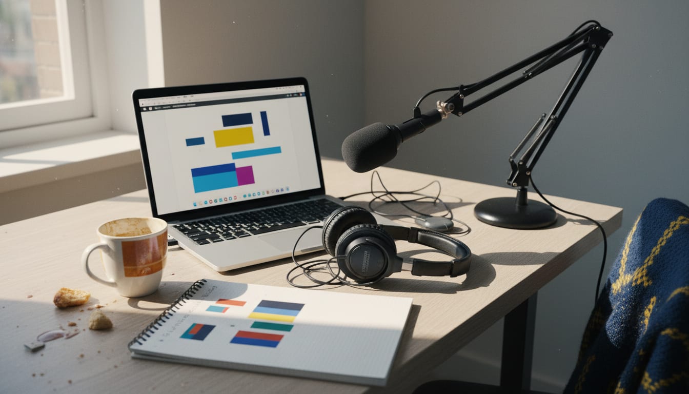 A screen recording setup with a laptop, microphone and headphones on a bright desk