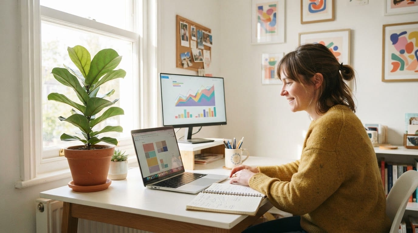 A freelance SEO consultant working at a bright desk