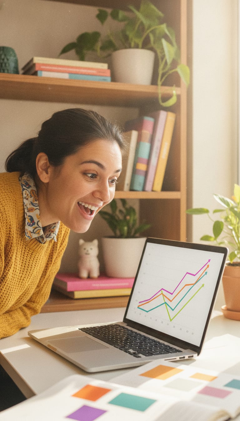 Creator reacting to a rising search performance graph on her laptop
