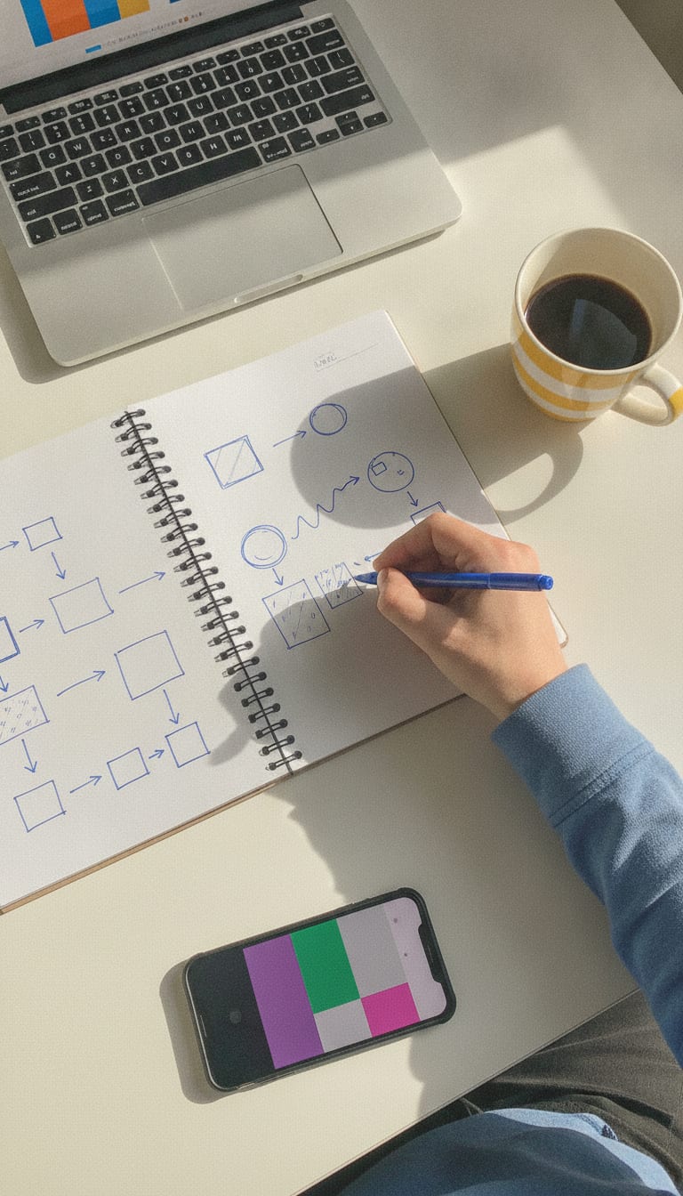 Overhead desk shot of a handwritten content workflow beside a laptop