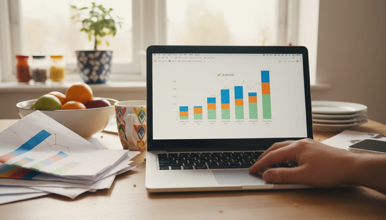 A laptop on a bright desk showing a climbing analytics chart